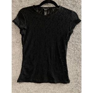 Vintage Y2K Sheer Mesh Top Blouse Short Sleeve Size Small NY&CO Black
